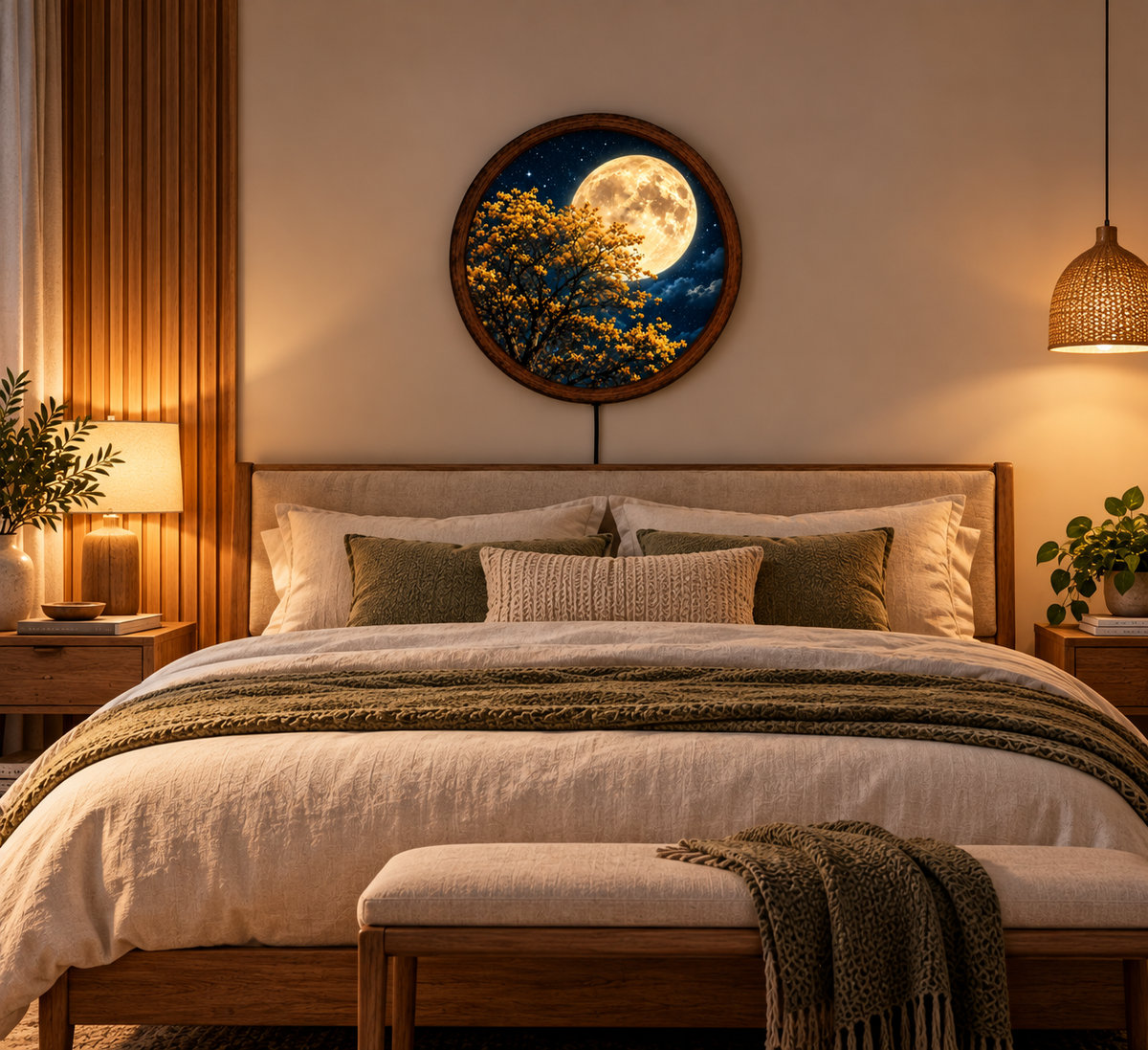Golden Moon Flower Tree LED Wall Art, Glowing Yellow Blossoms and Full Moon, Round Illuminated Wall Decor