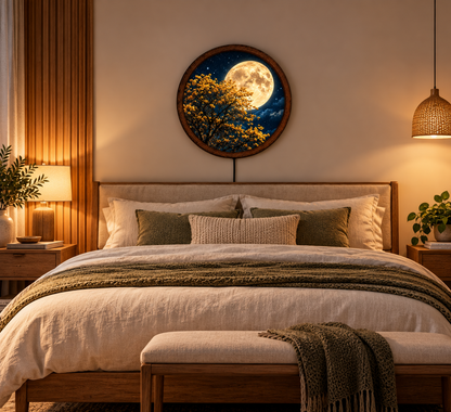 Golden Moon Flower Tree LED Wall Art, Glowing Yellow Blossoms and Full Moon, Round Illuminated Wall Decor