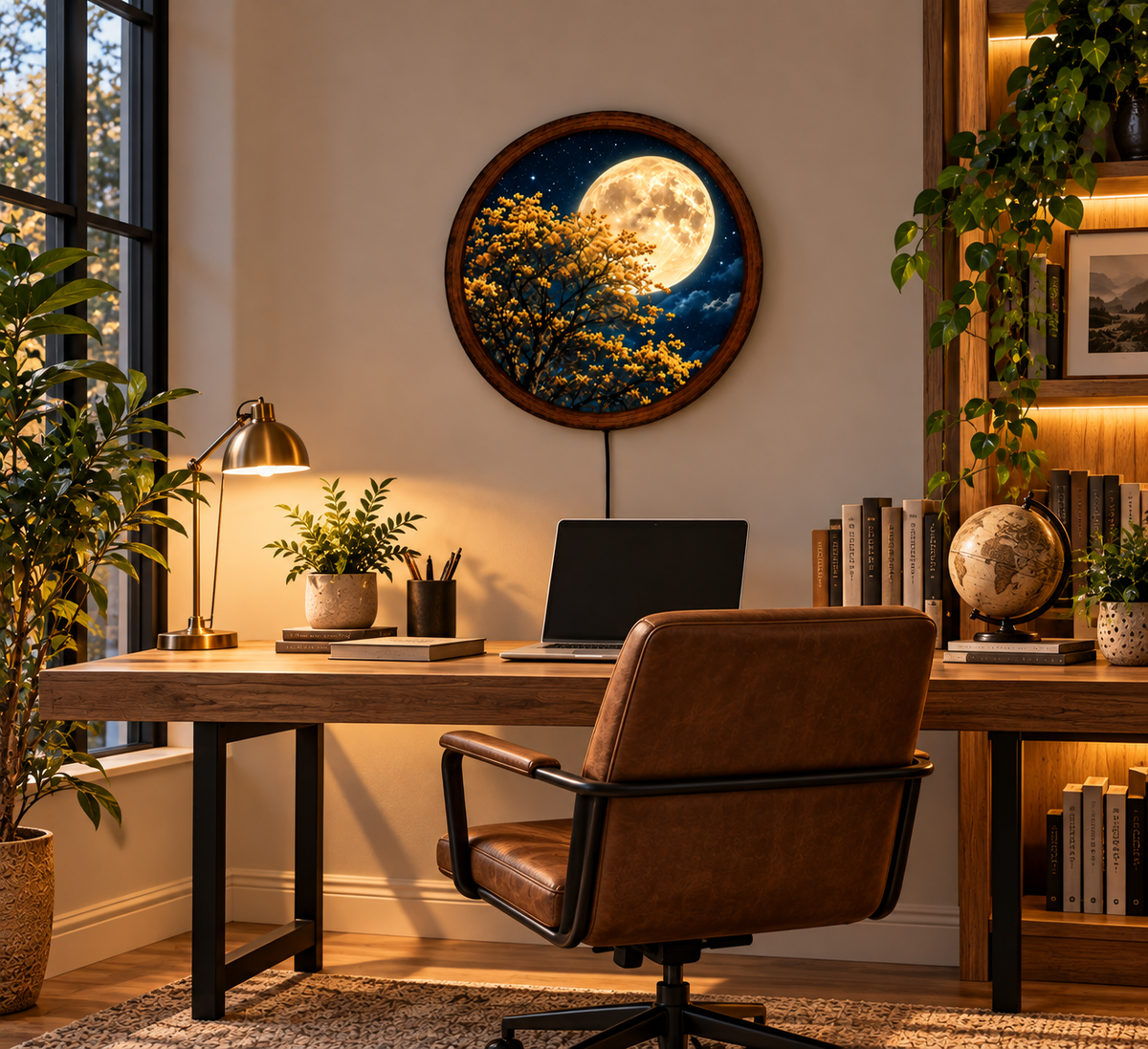Golden Moon Flower Tree LED Wall Art, Glowing Yellow Blossoms and Full Moon, Round Illuminated Wall Decor