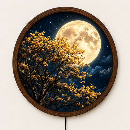 Golden Moon Flower Tree LED Wall Art, Glowing Yellow Blossoms and Full Moon, Round Illuminated Wall Decor
