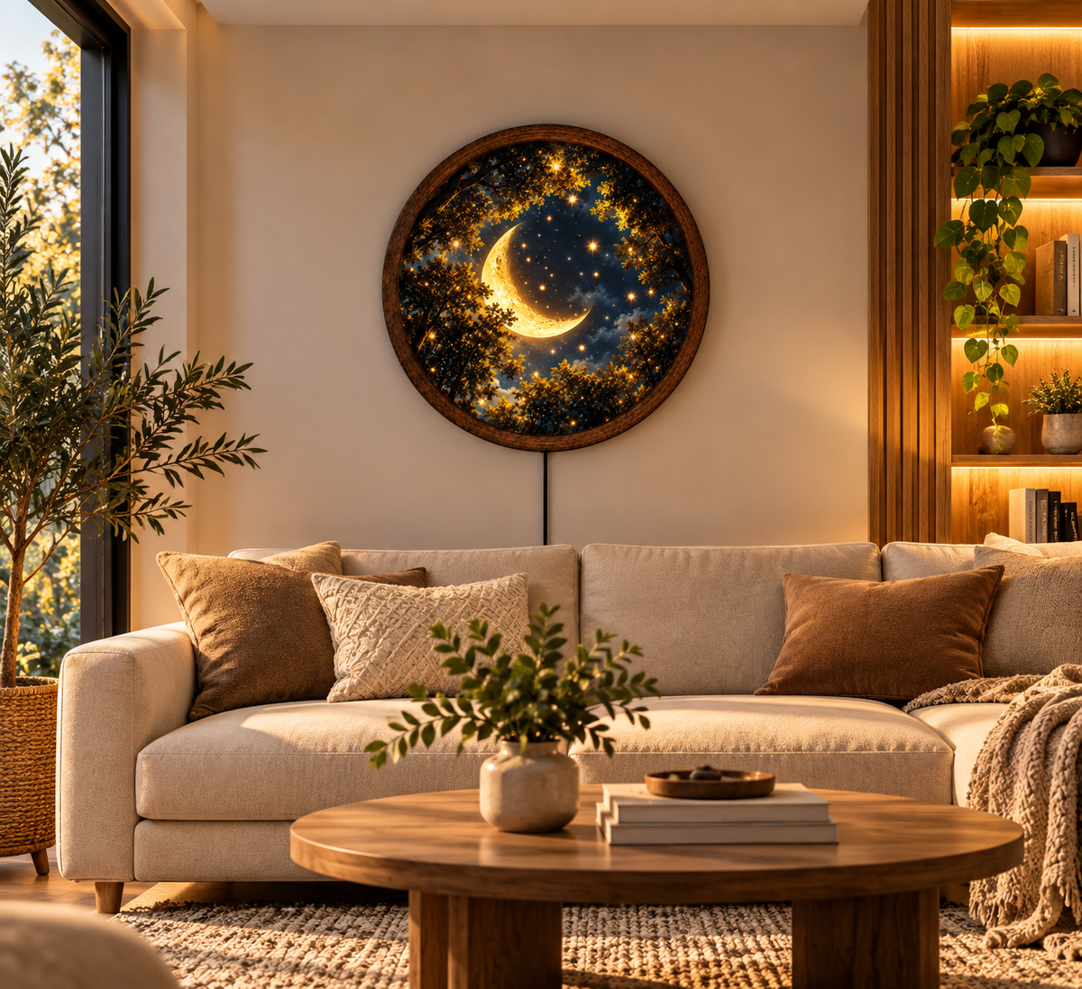Golden Crescent Moon LED Wall Art, Glowing Starry Night Forest, Round Illuminated Wall Decor, Celestial Moonlight Wall Lamp