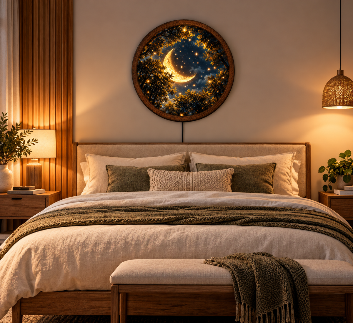 Golden Crescent Moon LED Wall Art, Glowing Starry Night Forest, Round Illuminated Wall Decor, Celestial Moonlight Wall Lamp