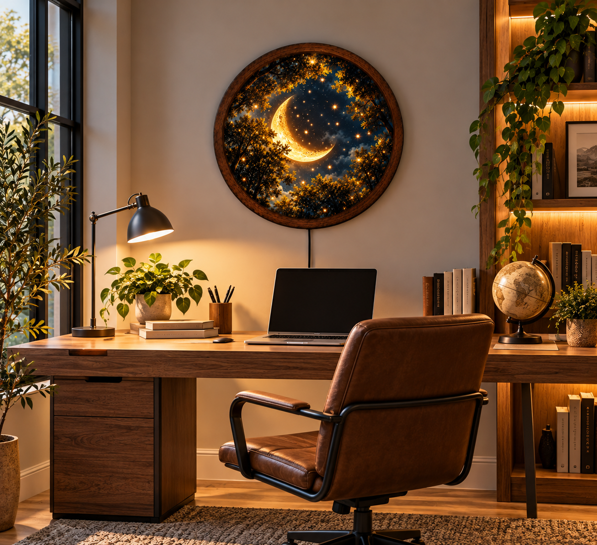 Golden Crescent Moon LED Wall Art, Glowing Starry Night Forest, Round Illuminated Wall Decor, Celestial Moonlight Wall Lamp