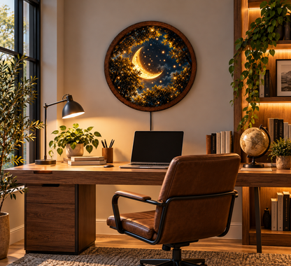 Golden Crescent Moon LED Wall Art, Glowing Starry Night Forest, Round Illuminated Wall Decor, Celestial Moonlight Wall Lamp