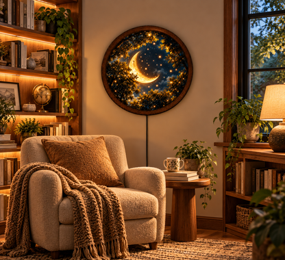 Golden Crescent Moon LED Wall Art, Glowing Starry Night Forest, Round Illuminated Wall Decor, Celestial Moonlight Wall Lamp