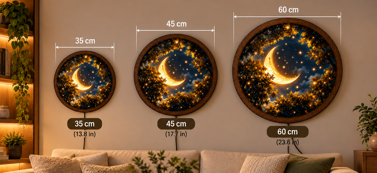 Golden Crescent Moon LED Wall Art, Glowing Starry Night Forest, Round Illuminated Wall Decor, Celestial Moonlight Wall Lamp