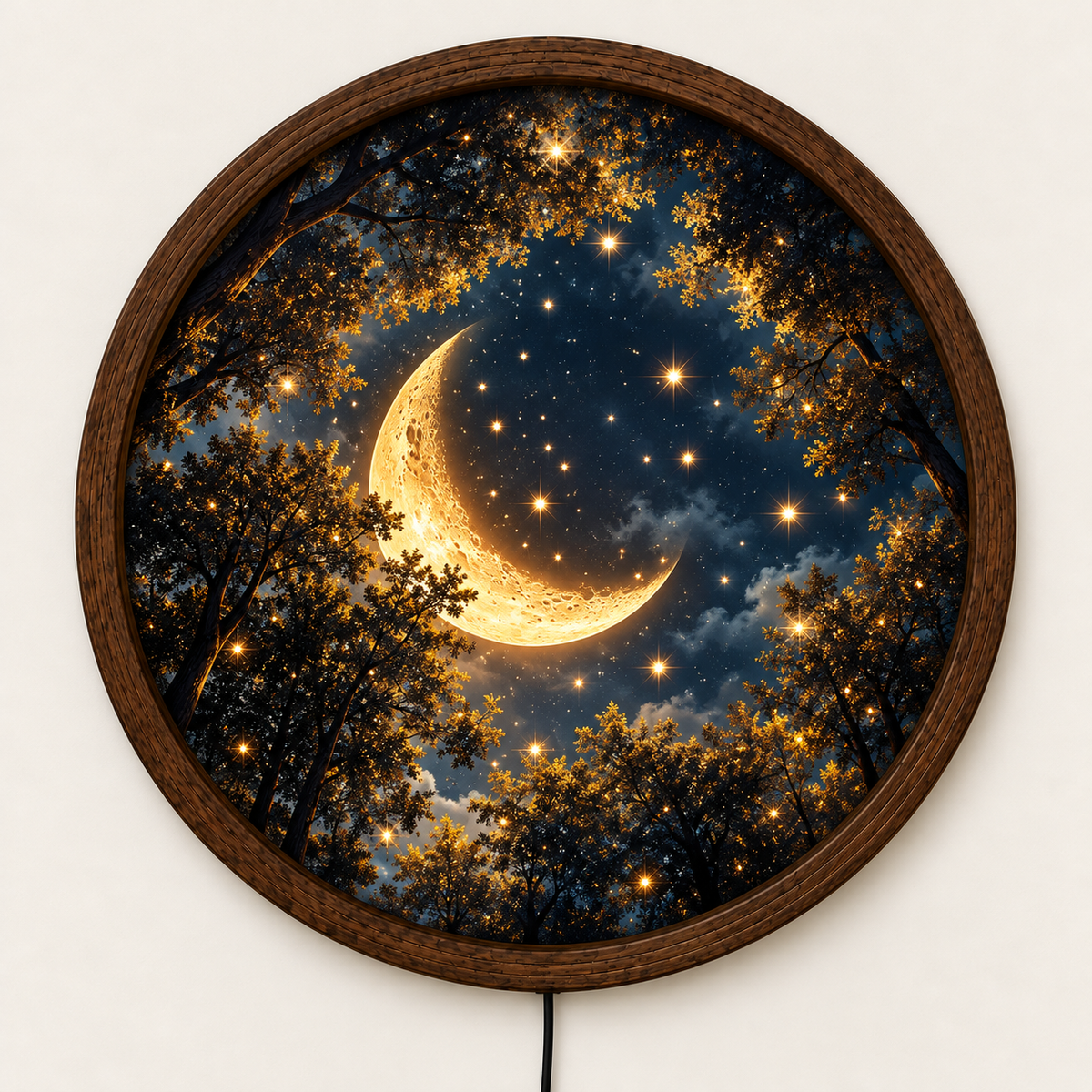 Golden Crescent Moon LED Wall Art, Glowing Starry Night Forest, Round Illuminated Wall Decor, Celestial Moonlight Wall Lamp