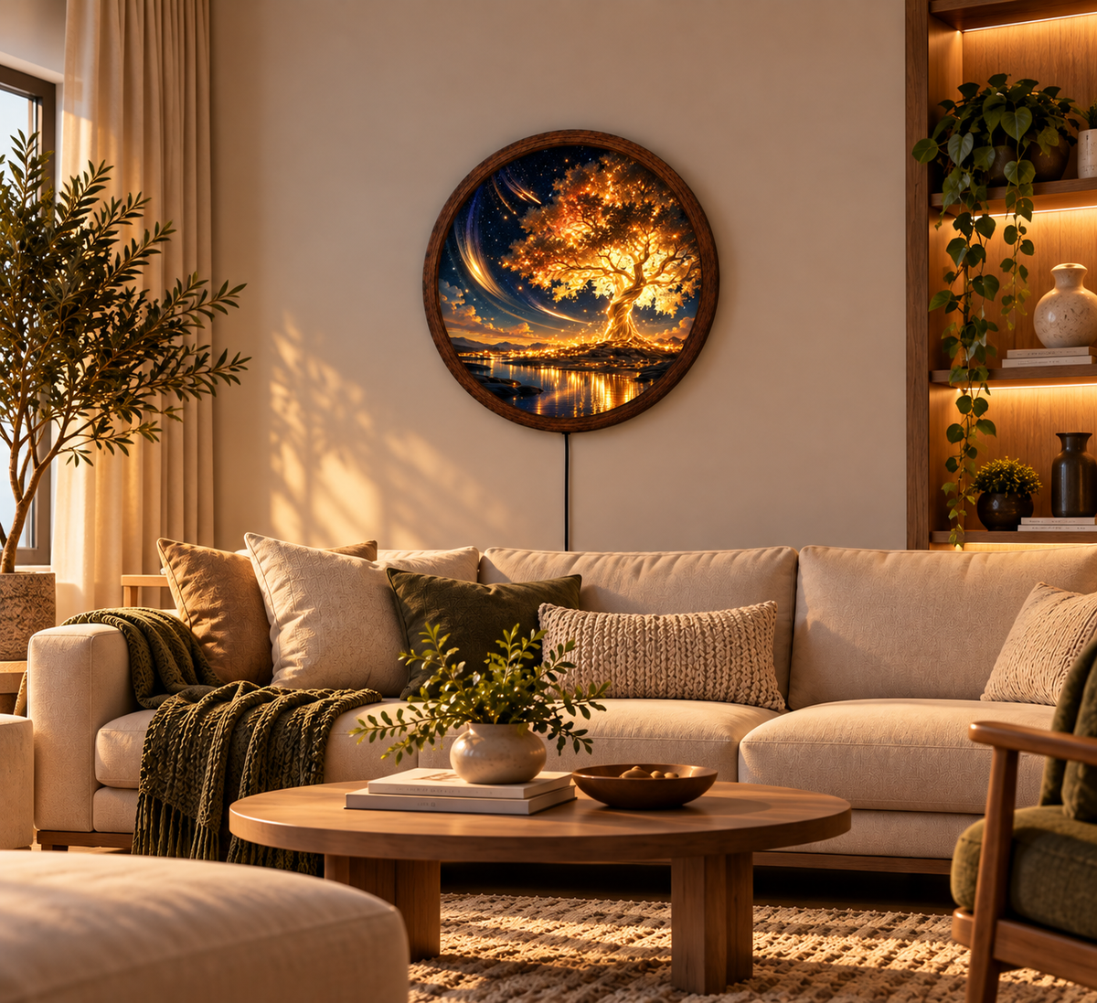 Golden Tree of Life LED Wall Art, Glowing Fantasy Tree Wall Light, Round Illuminated Nature Decor, Magical Starry Night Landscape