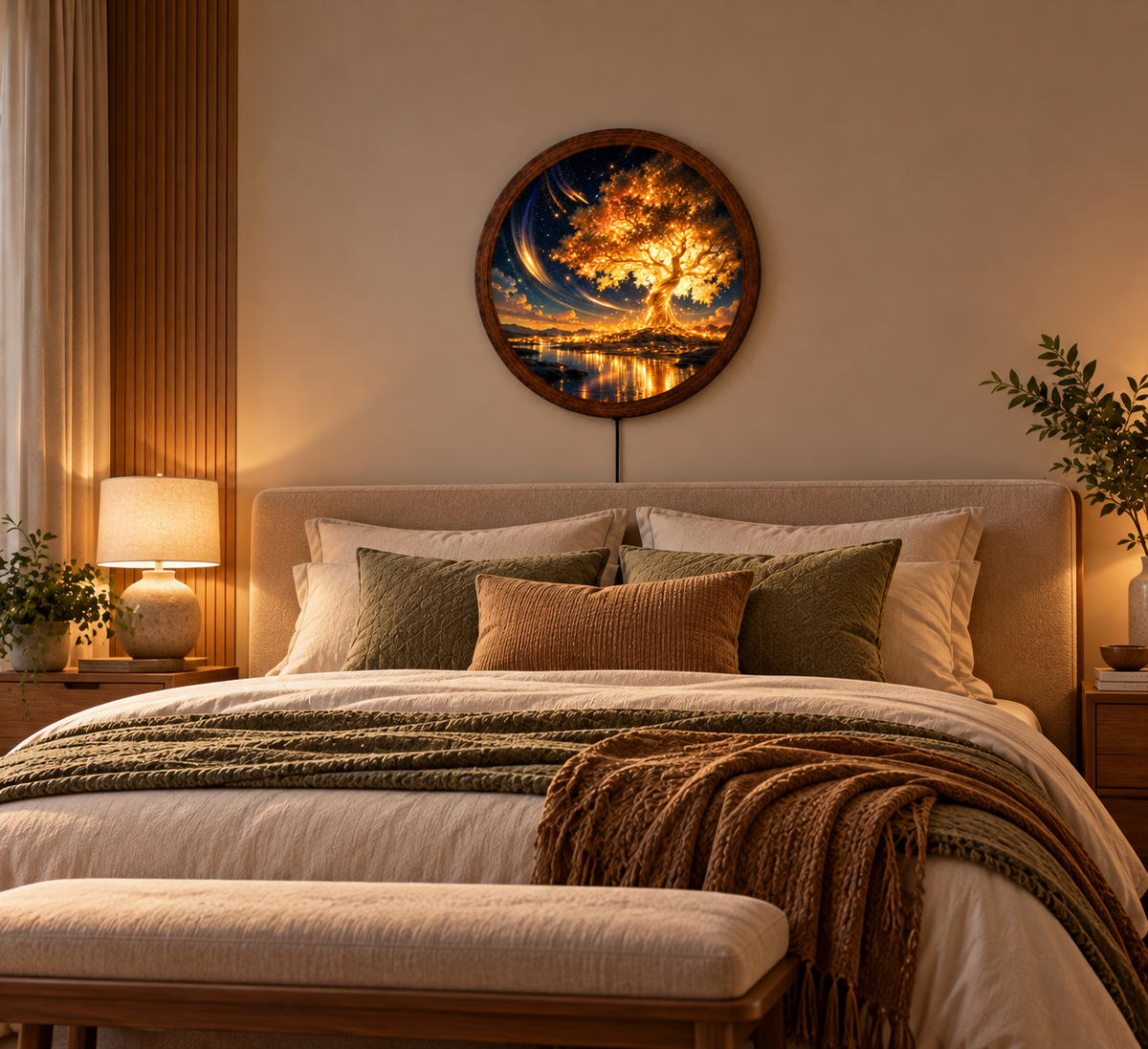 Golden Tree of Life LED Wall Art, Glowing Fantasy Tree Wall Light, Round Illuminated Nature Decor, Magical Starry Night Landscape