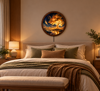 Golden Tree of Life LED Wall Art, Glowing Fantasy Tree Wall Light, Round Illuminated Nature Decor, Magical Starry Night Landscape