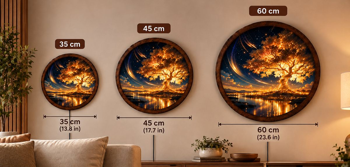 Golden Tree of Life LED Wall Art, Glowing Fantasy Tree Wall Light, Round Illuminated Nature Decor, Magical Starry Night Landscape