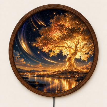 Golden Tree of Life LED Wall Art, Glowing Fantasy Tree Wall Light, Round Illuminated Nature Decor, Magical Starry Night Landscape