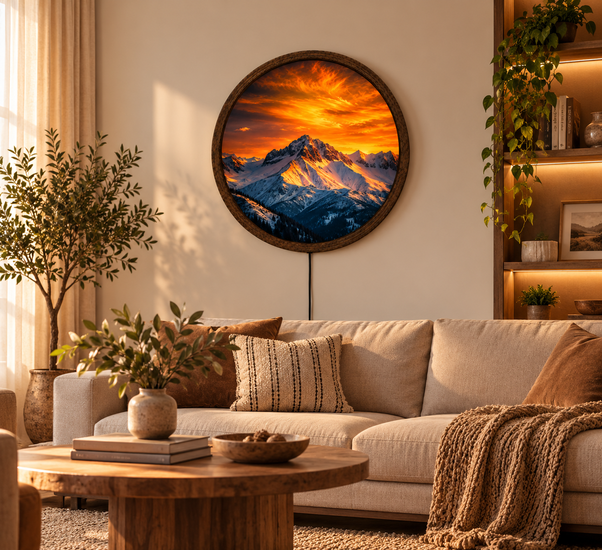 Mountain Sunset LED Wall Art, Snowy Mountain Landscape Light, Round Illuminated Wall Decor, Rustic Nature Wall Lamp