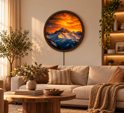 Mountain Sunset LED Wall Art, Snowy Mountain Landscape Light, Round Illuminated Wall Decor, Rustic Nature Wall Lamp