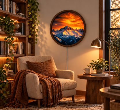 Mountain Sunset LED Wall Art, Snowy Mountain Landscape Light, Round Illuminated Wall Decor, Rustic Nature Wall Lamp
