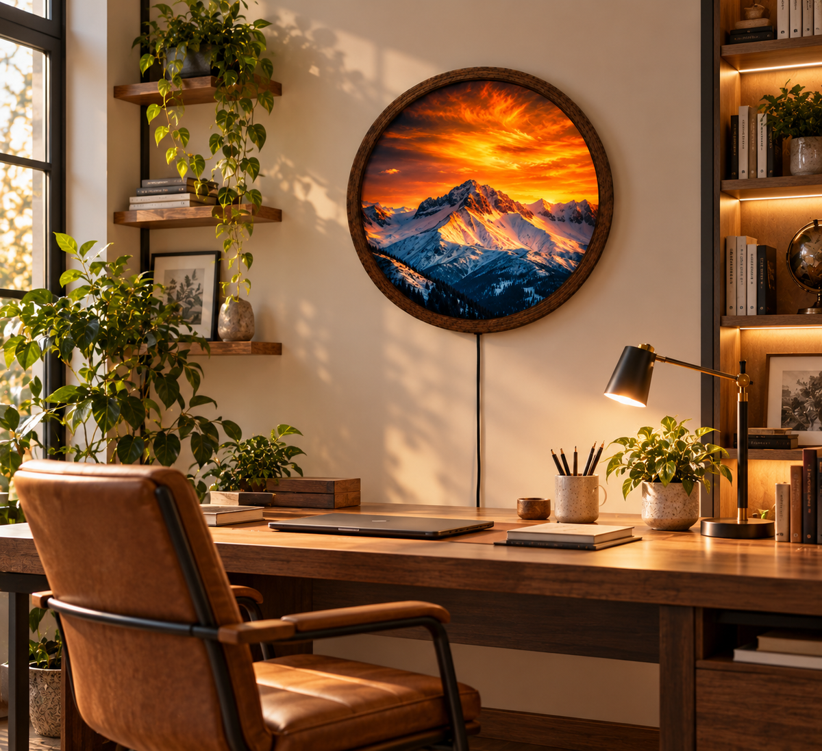 Mountain Sunset LED Wall Art, Snowy Mountain Landscape Light, Round Illuminated Wall Decor, Rustic Nature Wall Lamp