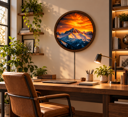Mountain Sunset LED Wall Art, Snowy Mountain Landscape Light, Round Illuminated Wall Decor, Rustic Nature Wall Lamp