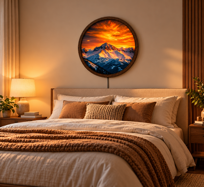 Mountain Sunset LED Wall Art, Snowy Mountain Landscape Light, Round Illuminated Wall Decor, Rustic Nature Wall Lamp