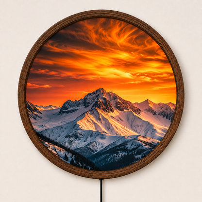Mountain Sunset LED Wall Art, Snowy Mountain Landscape Light, Round Illuminated Wall Decor, Rustic Nature Wall Lamp