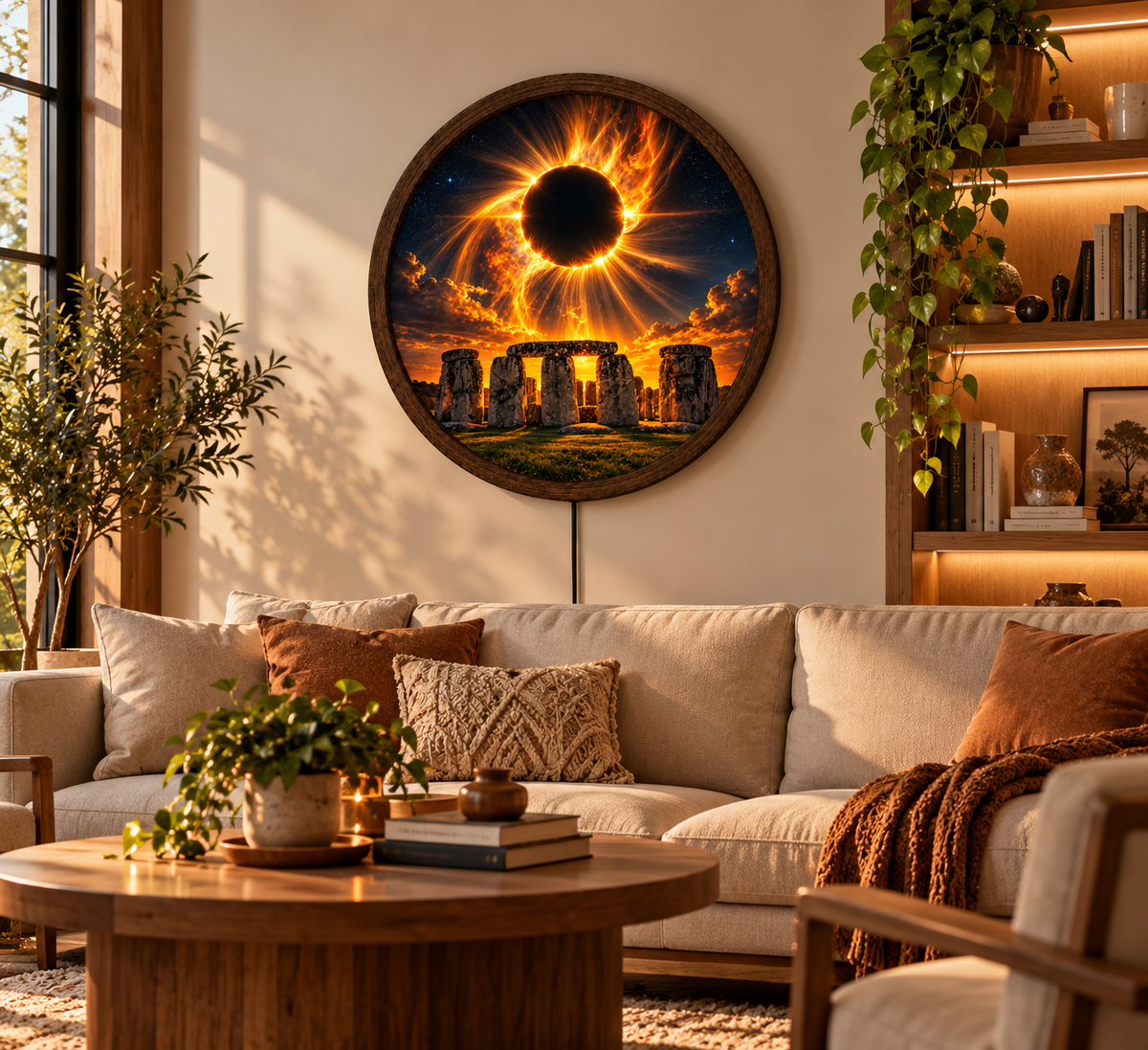 Solar Eclipse Stonehenge LED Wall Art, Round Lighted Wall Decor, Fiery Celestial Eclipse Lamp, Mystical Space Wall Art