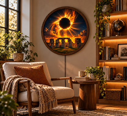 Solar Eclipse Stonehenge LED Wall Art, Round Lighted Wall Decor, Fiery Celestial Eclipse Lamp, Mystical Space Wall Art