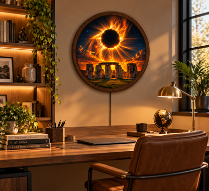 Solar Eclipse Stonehenge LED Wall Art, Round Lighted Wall Decor, Fiery Celestial Eclipse Lamp, Mystical Space Wall Art