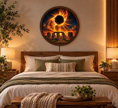 Solar Eclipse Stonehenge LED Wall Art, Round Lighted Wall Decor, Fiery Celestial Eclipse Lamp, Mystical Space Wall Art