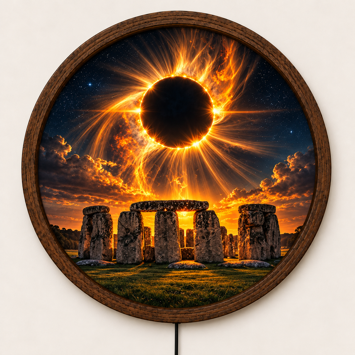 Solar Eclipse Stonehenge LED Wall Art, Round Lighted Wall Decor, Fiery Celestial Eclipse Lamp, Mystical Space Wall Art