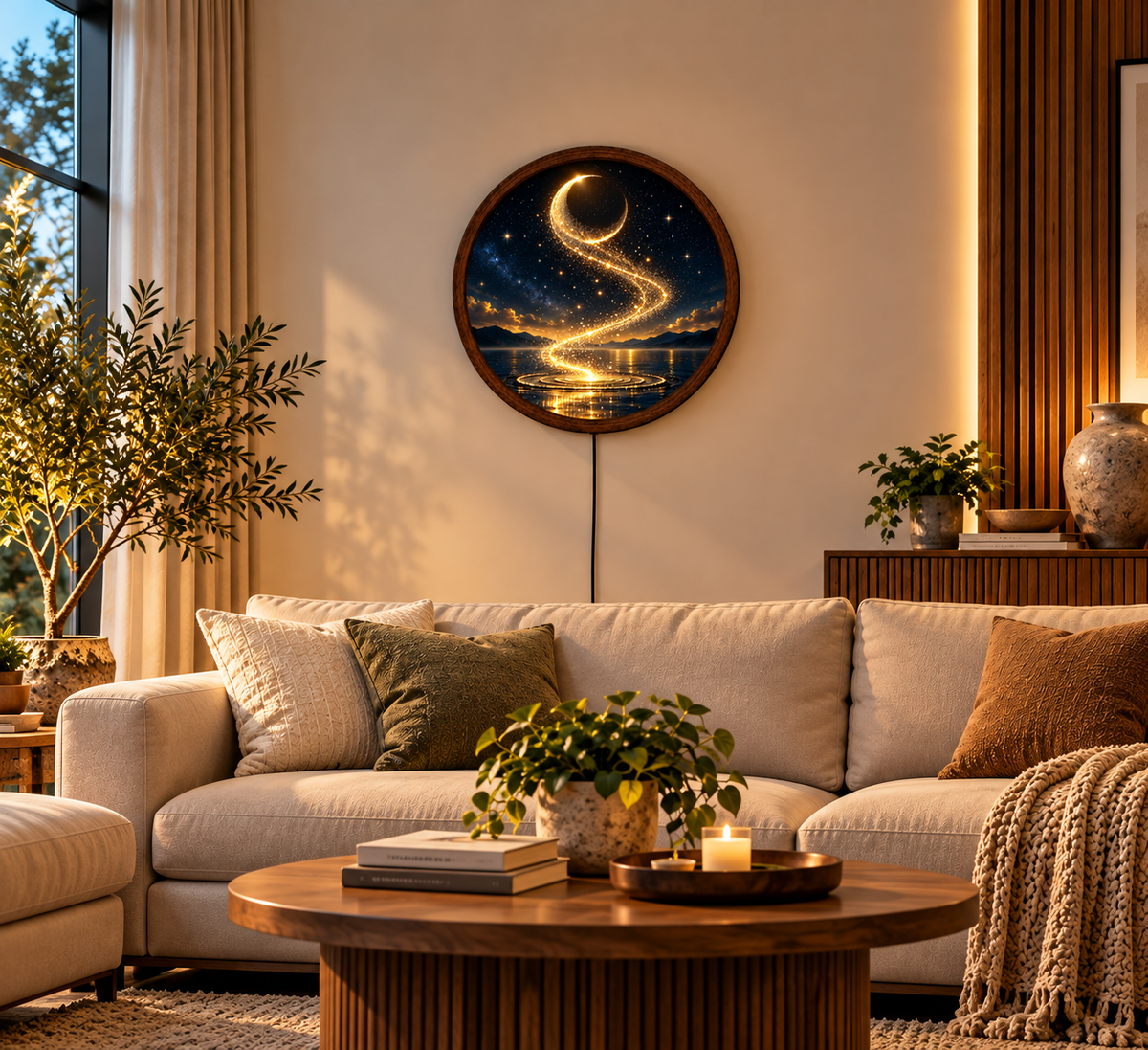 Golden Crescent Moon LED Wall Art, Round Lighted Celestial Decor, Magical Starry Night Wall Lamp, Fantasy Moonlight Art