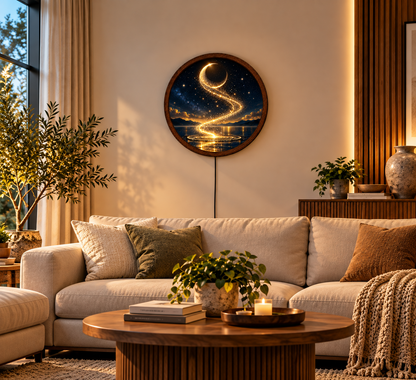 Golden Crescent Moon LED Wall Art, Round Lighted Celestial Decor, Magical Starry Night Wall Lamp, Fantasy Moonlight Art