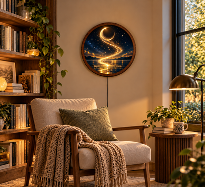 Golden Crescent Moon LED Wall Art, Round Lighted Celestial Decor, Magical Starry Night Wall Lamp, Fantasy Moonlight Art