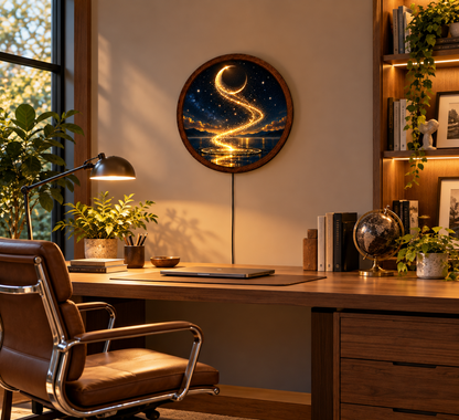 Golden Crescent Moon LED Wall Art, Round Lighted Celestial Decor, Magical Starry Night Wall Lamp, Fantasy Moonlight Art