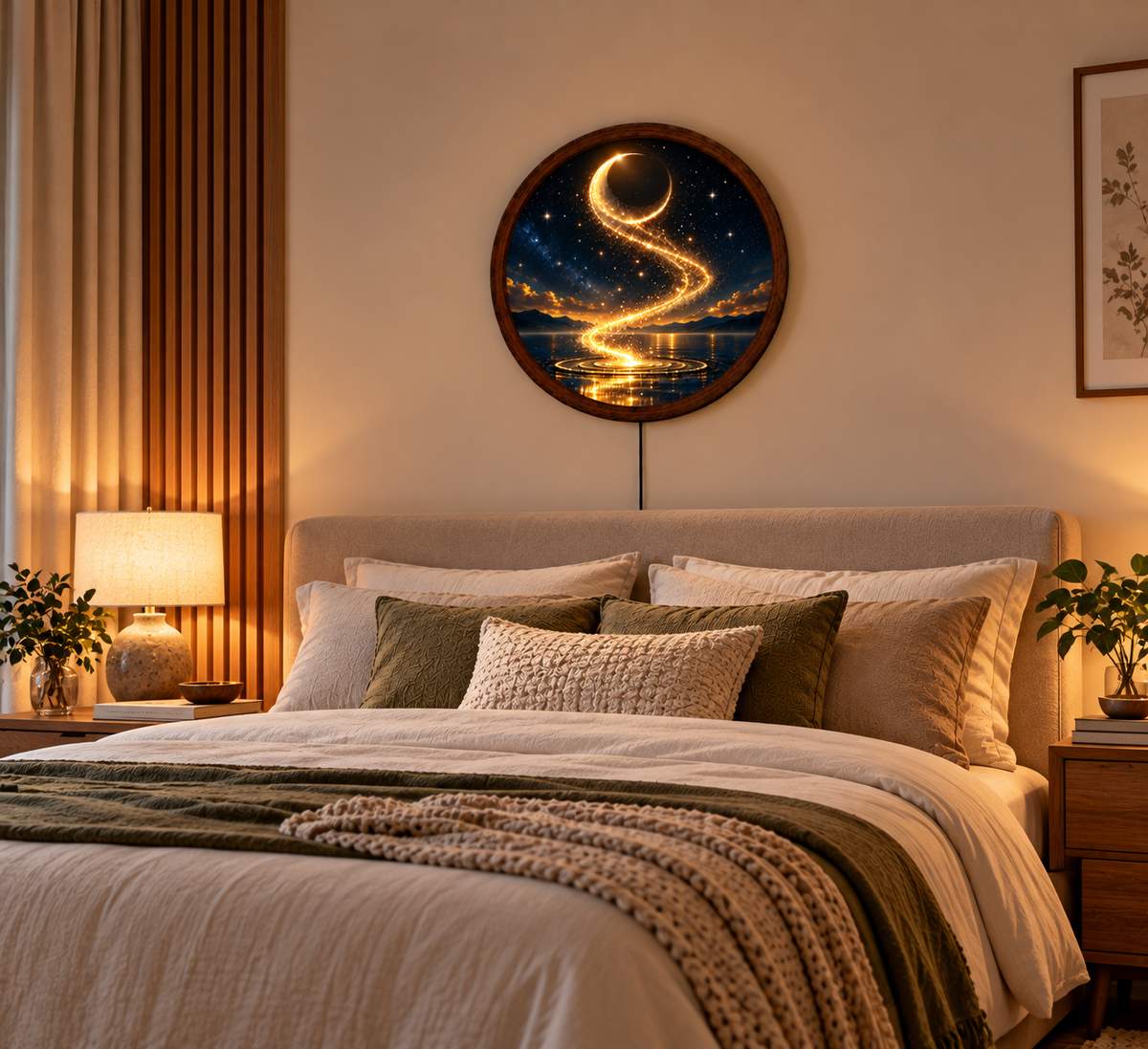 Golden Crescent Moon LED Wall Art, Round Lighted Celestial Decor, Magical Starry Night Wall Lamp, Fantasy Moonlight Art