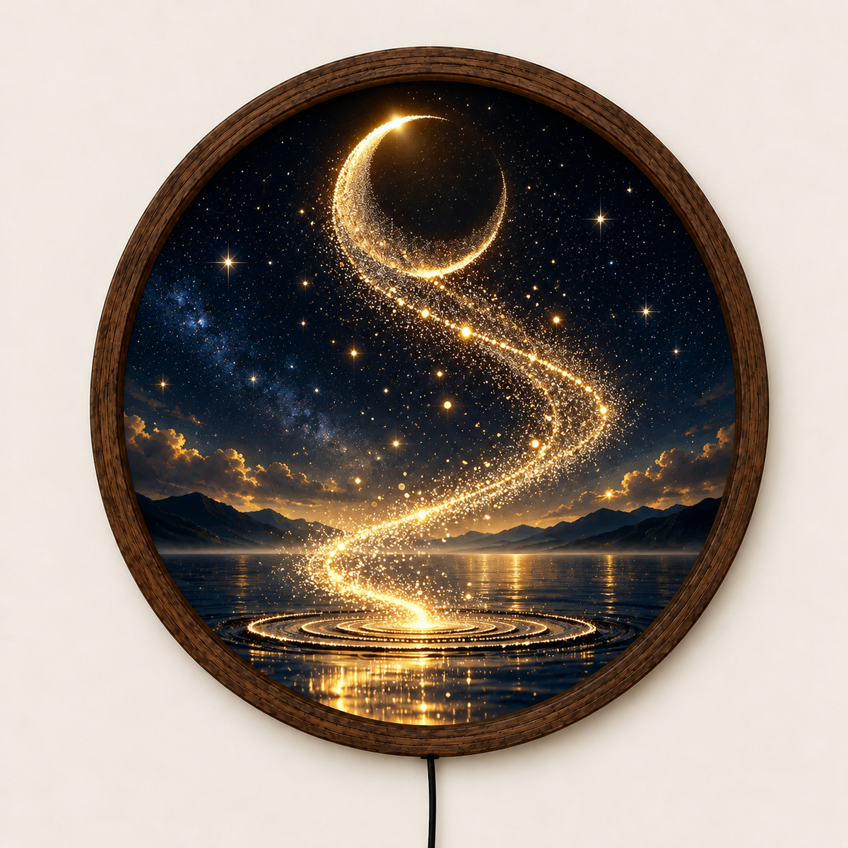 Golden Crescent Moon LED Wall Art, Round Lighted Celestial Decor, Magical Starry Night Wall Lamp, Fantasy Moonlight Art