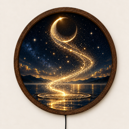 Golden Crescent Moon LED Wall Art, Round Lighted Celestial Decor, Magical Starry Night Wall Lamp, Fantasy Moonlight Art