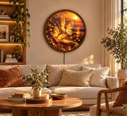Golden Butterfly LED Wall Art, Glowing Butterfly Wall Light, Round Illuminated Fantasy Decor, Magical Sunset Wall Lamp