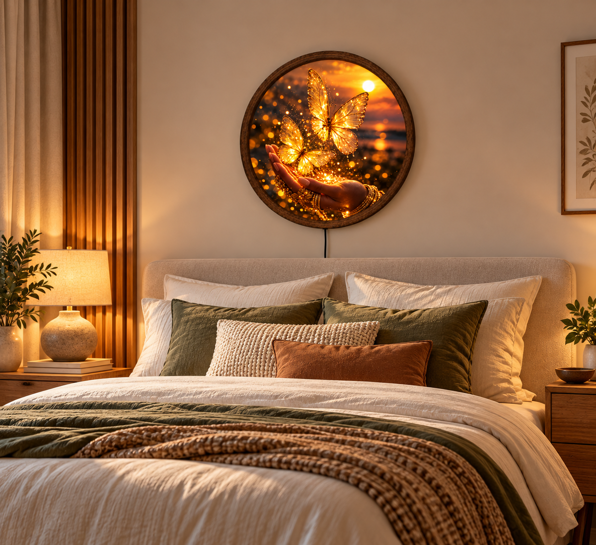 Golden Butterfly LED Wall Art, Glowing Butterfly Wall Light, Round Illuminated Fantasy Decor, Magical Sunset Wall Lamp