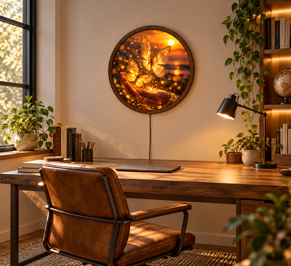 Golden Butterfly LED Wall Art, Glowing Butterfly Wall Light, Round Illuminated Fantasy Decor, Magical Sunset Wall Lamp