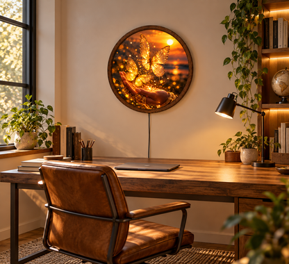 Golden Butterfly LED Wall Art, Glowing Butterfly Wall Light, Round Illuminated Fantasy Decor, Magical Sunset Wall Lamp