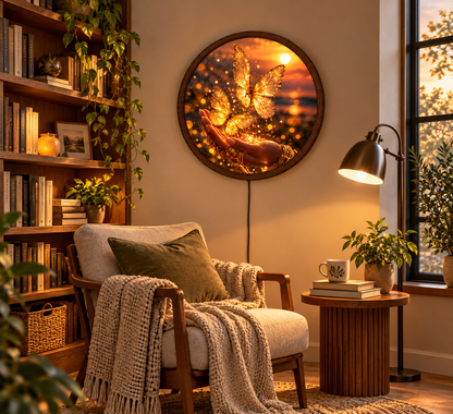 Golden Butterfly LED Wall Art, Glowing Butterfly Wall Light, Round Illuminated Fantasy Decor, Magical Sunset Wall Lamp