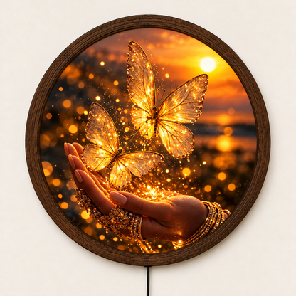 Golden Butterfly LED Wall Art, Glowing Butterfly Wall Light, Round Illuminated Fantasy Decor, Magical Sunset Wall Lamp