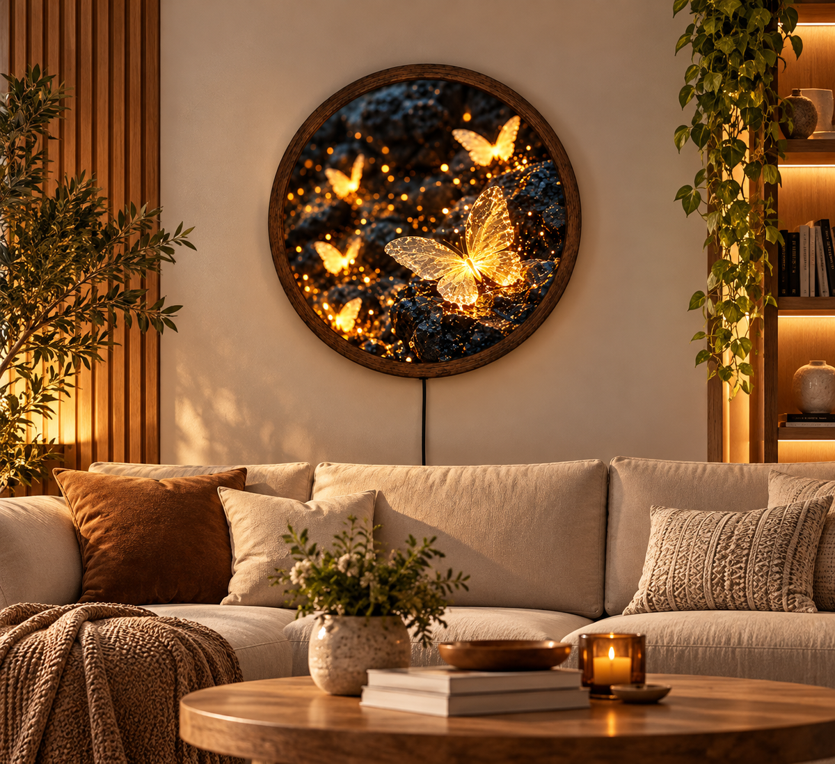 Golden Butterfly LED Wall Art, Glowing Butterflies Wall Light, Round Illuminated Nature Decor, Magical Fantasy Wall Lamp