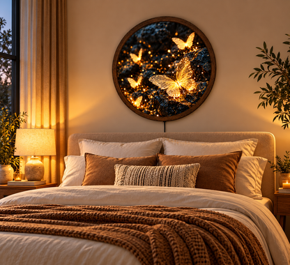 Golden Butterfly LED Wall Art, Glowing Butterflies Wall Light, Round Illuminated Nature Decor, Magical Fantasy Wall Lamp