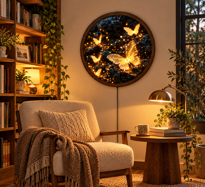 Golden Butterfly LED Wall Art, Glowing Butterflies Wall Light, Round Illuminated Nature Decor, Magical Fantasy Wall Lamp
