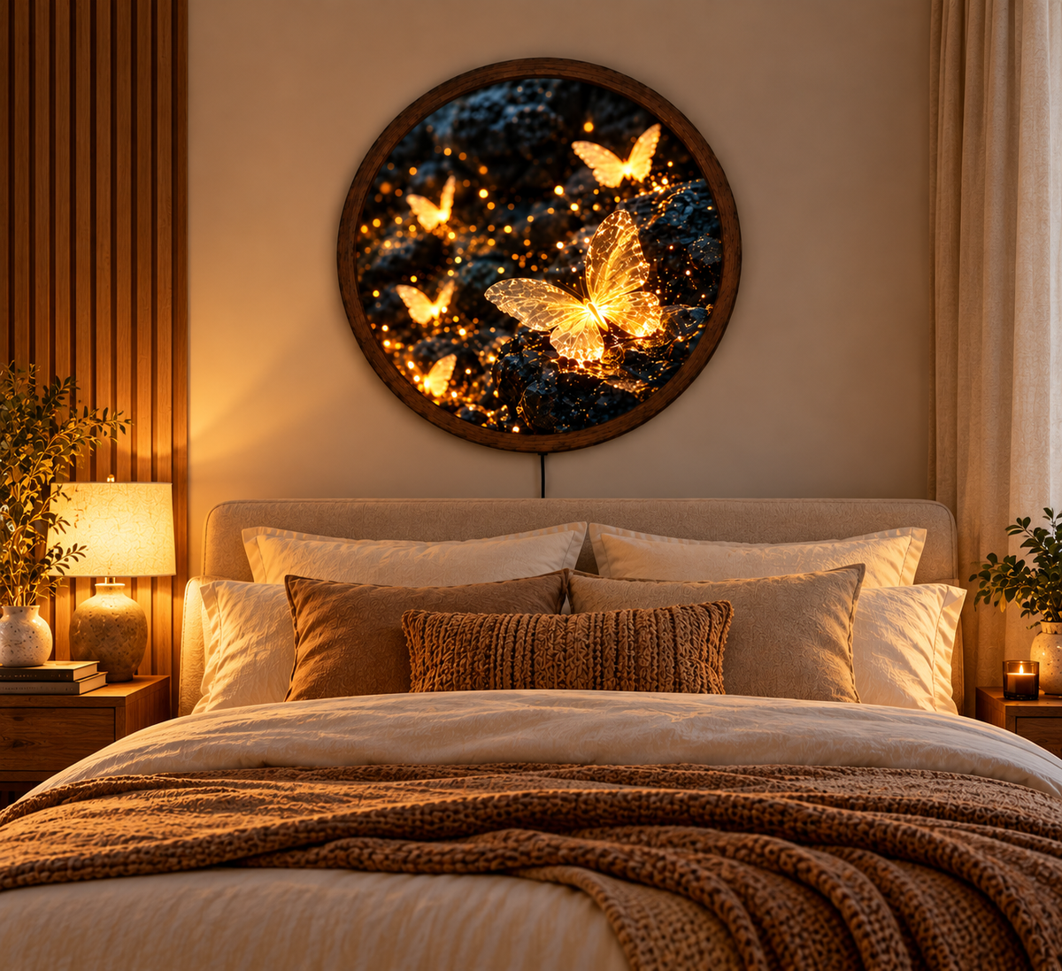 Golden Butterfly LED Wall Art, Glowing Butterflies Wall Light, Round Illuminated Nature Decor, Magical Fantasy Wall Lamp