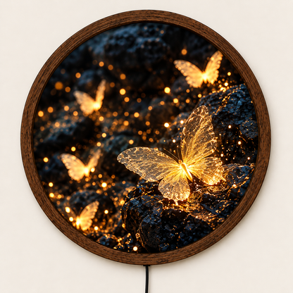 Golden Butterfly LED Wall Art, Glowing Butterflies Wall Light, Round Illuminated Nature Decor, Magical Fantasy Wall Lamp