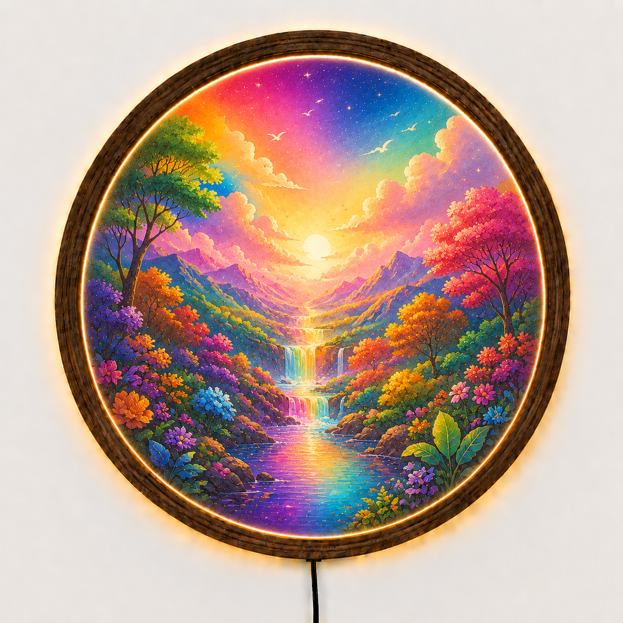Colorful LED Wall Decor, Round Landscape Wall Art, Wooden Frame Light Lamp