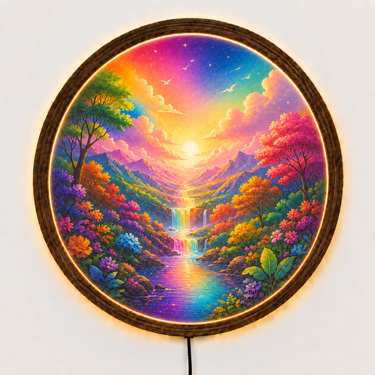 Colorful LED Wall Decor, Round Landscape Wall Art, Wooden Frame Light Lamp