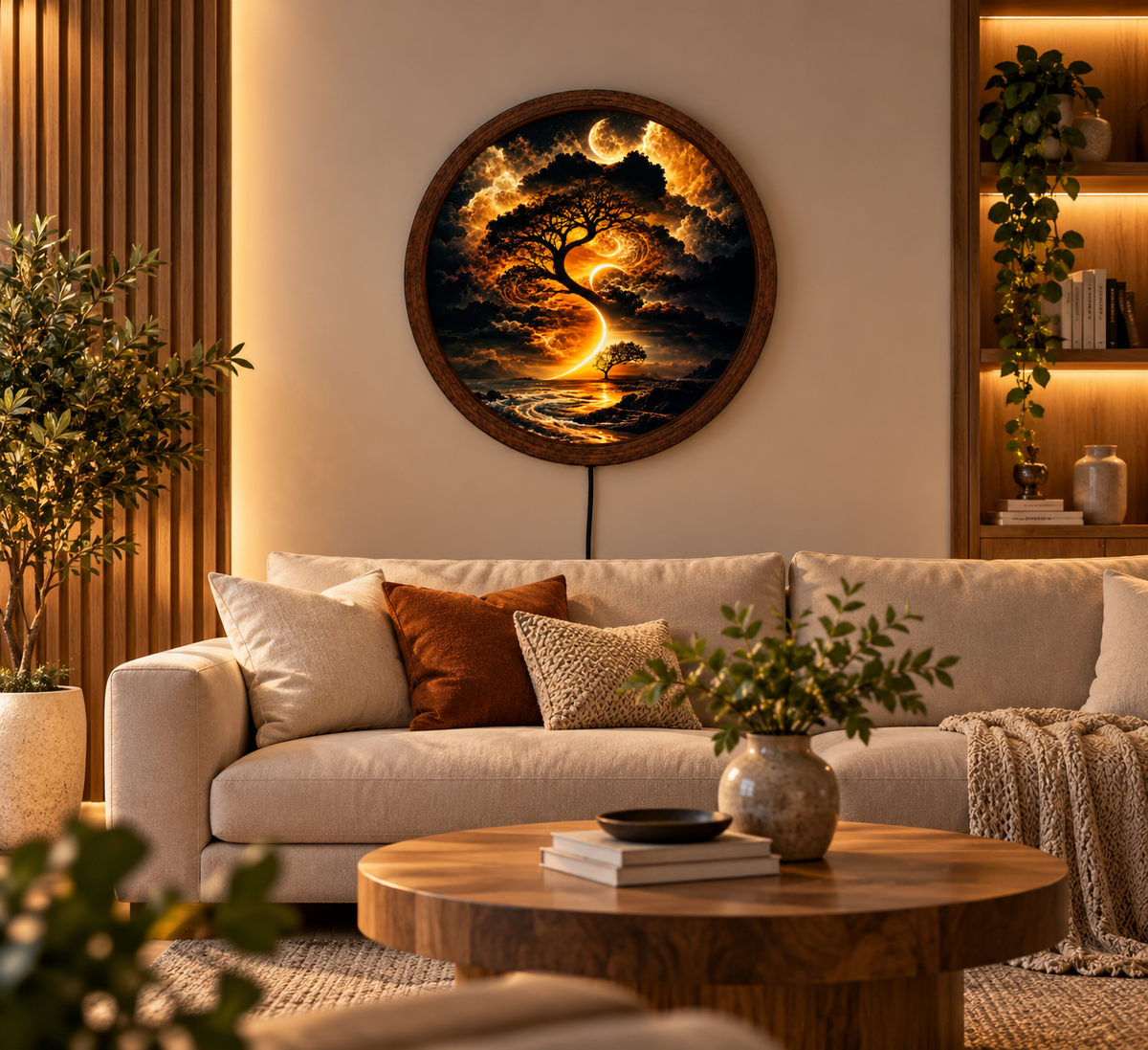 Golden Moon Tree LED Wall Art, Mystical Tree of Life Round Wall Light, Fantasy Celestial Landscape Decor, Illuminated Bedroom Wall Art