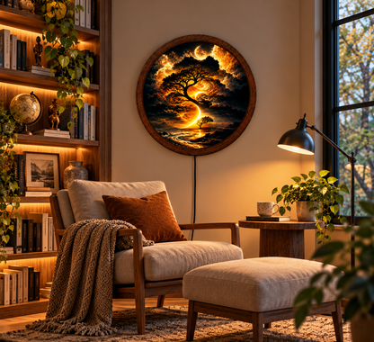 Golden Moon Tree LED Wall Art, Mystical Tree of Life Round Wall Light, Fantasy Celestial Landscape Decor, Illuminated Bedroom Wall Art